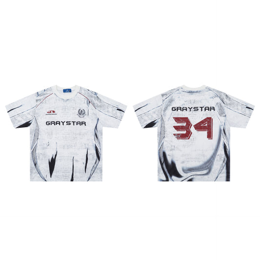 White short sleeve t-shirt with black and white abstract print, round neck, and 'GRAYSTAR' text on the front.