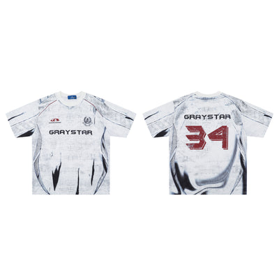 White short sleeve t-shirt with black and white abstract print, round neck, and 'GRAYSTAR' text on the front.