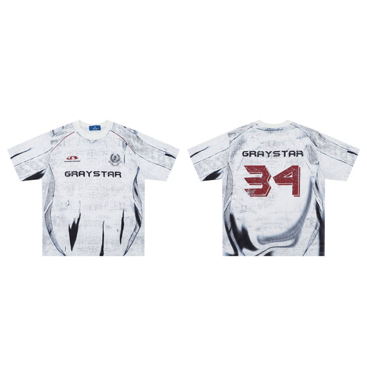 White short sleeve t-shirt with black and white abstract print, round neck, and 'GRAYSTAR' text on the front.