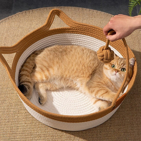 Cama Tejida para Gatos - Nido de Ratán y Lino Transpirable Cuatro Estaciones