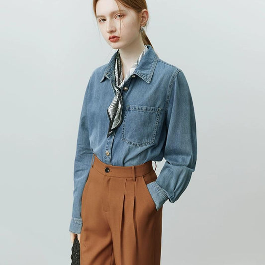 Chaqueta Camisa Denim Azul Suave con Efecto Bandage para Mujer