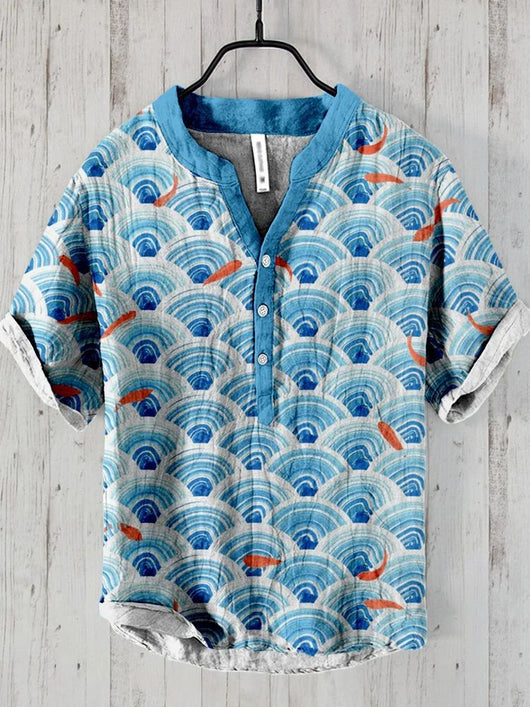 Camisa Lino Hombre Estampado Oceánico Manga Corta Suelta Casual - Image 9