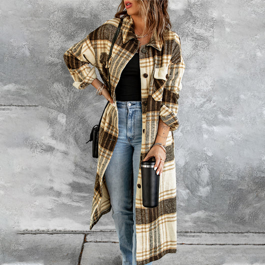 Cardigan Largo de Invierno con Estampado Cuadros para Mujer - Image 7