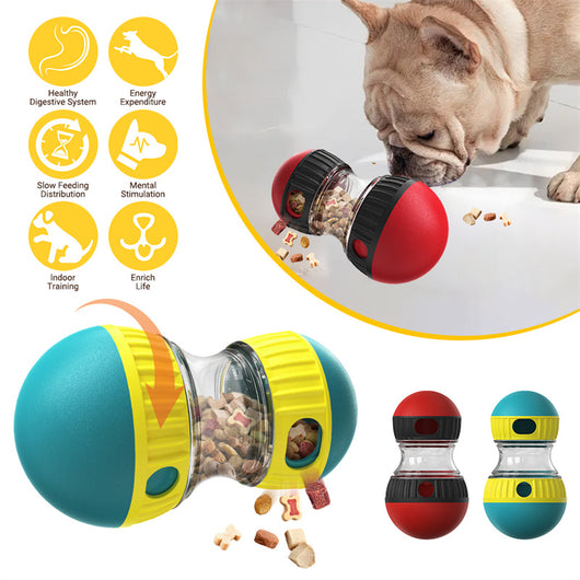 Teal and yellow food dispensing dog toy with a clear middle section and treat holes, designed for slow feeding. - Image 3