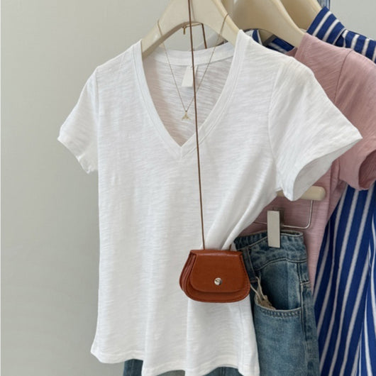 Blusa Clásica Americana Cuello V Ajustada Manga Corta
