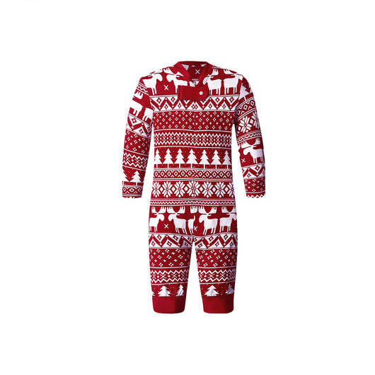 Red and white Christmas pajama set with long-sleeve top and pants, featuring a Fair Isle reindeer and tree print. - Image 5