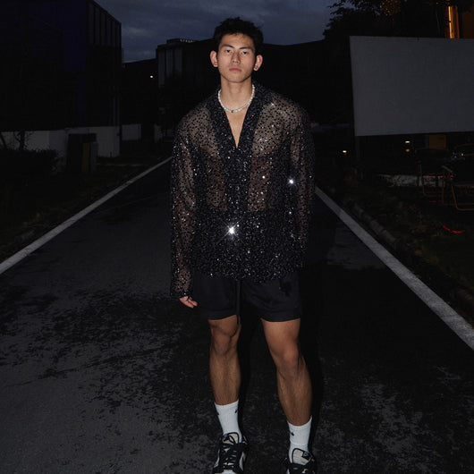 Camisa de Manga Larga con Lentejuelas Plateadas y Detalles Calados para Hombre