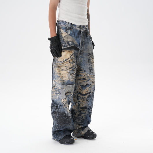 Pantalones Vaqueros Rectos con Estampado 3D Efecto Graffiti Rasgado - Image 11