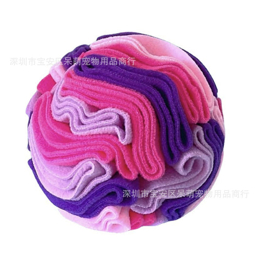 Pet sniffing pad in a ball shape, made of soft polar fleece in shades of pink, purple, and white, for dogs. - Image 9