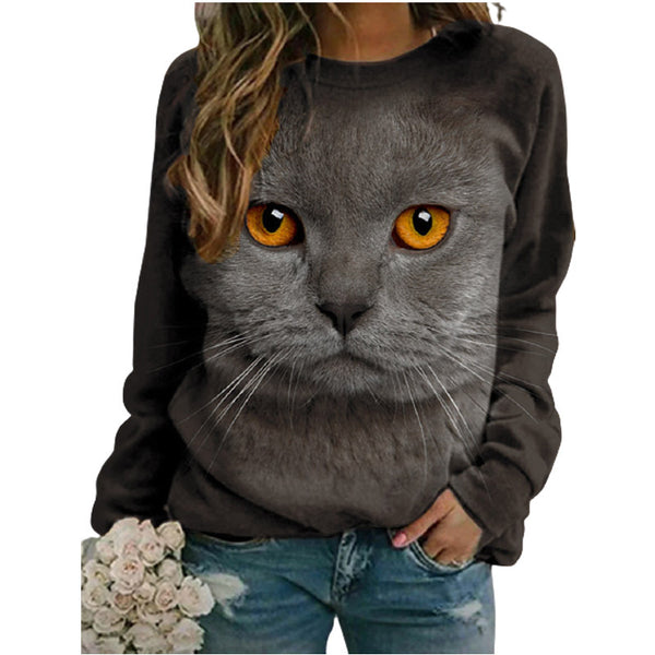 Suéter de Cuello Redondo Manga Larga para Mujer Estampado Gato