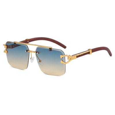 Pink gradient frameless square sunglasses with a double beam, gold-tone hardware, and dark wood-look temples. - Image 5