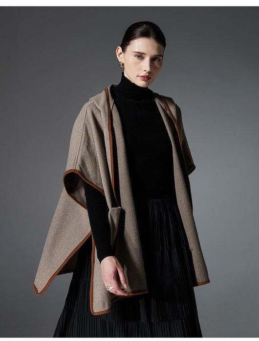 Poncho Capa de Lana Reversible con Patrón Espiga y Capucha - Image 16
