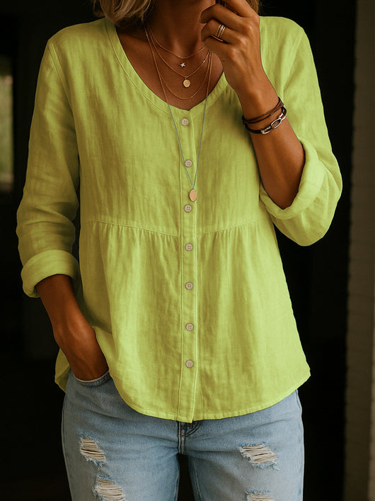 Camisa Holgada de Algodón y Lino con Cuello V y Botones - Image 12