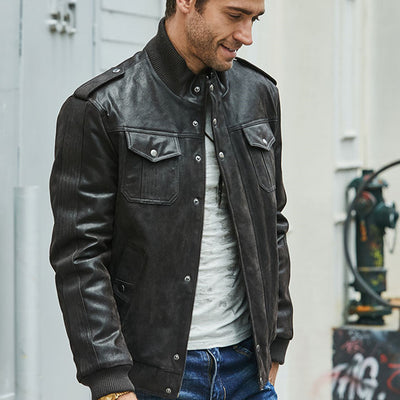 Chaqueta de Piel de Cerdo y Algodón con Cuello de Pie y Múltiples Bolsillos