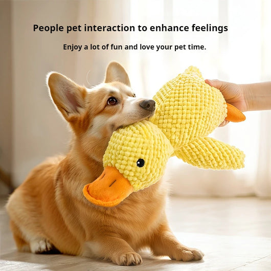 Yellow plush duck dog toy with ribbed texture, orange beak and feet, and black eyes, measuring 25cm long. - Image 3