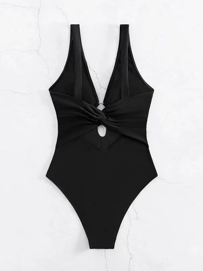 Women's lavender one-piece swimsuit with a deep V-neck, silver O-ring detail, and a keyhole cutout at the bust. - Image 15
