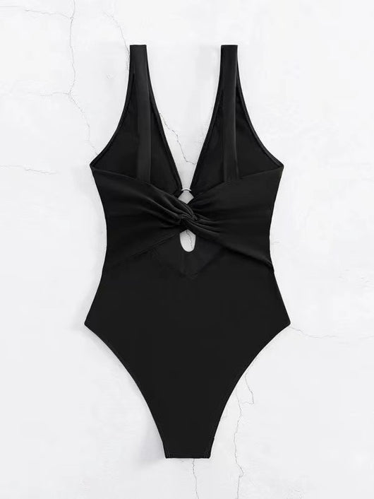Women's lavender one-piece swimsuit with a deep V-neck, silver O-ring detail, and a keyhole cutout at the bust. - Image 15