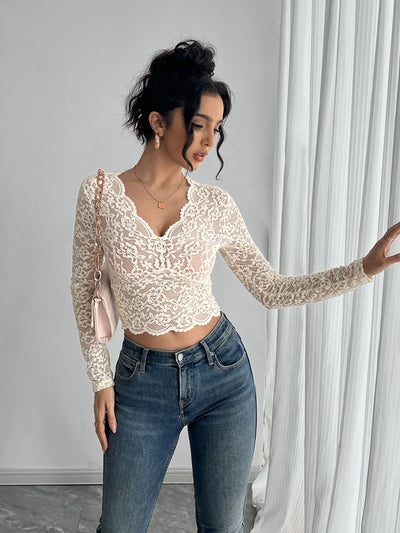 Blusa de Encaje Escote V Manga Larga Colores Sólidos - Image 13