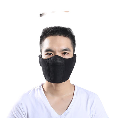 Black winter cycling mask made of polar fleece and windproof fabric, featuring ear flaps and a mesh panel. - Image 3