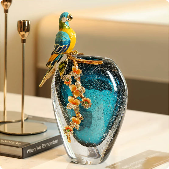 Jarrón Decorativo de Porcelana con Patrón de Loro Esmaltado