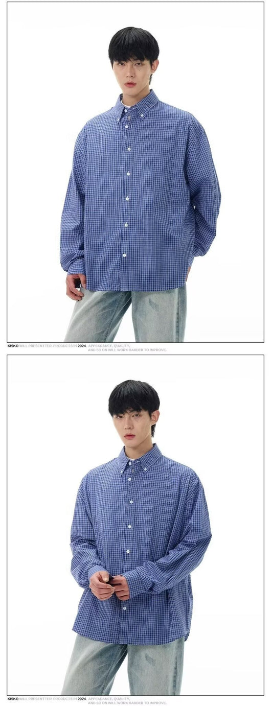 Camisa Clásica de Cuadros Azul Retro para Hombre - Image 9