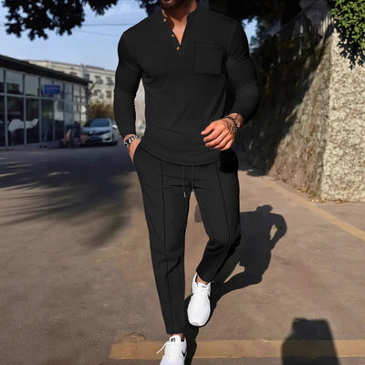 Conjunto Casual de Pantalón y Camiseta Henley Texturizada de Manga Larga para Hombre - Image 3
