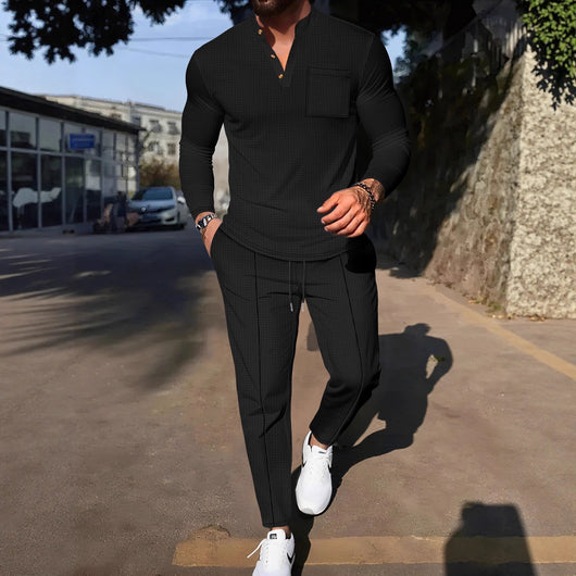 Conjunto Casual de Pantalón y Camiseta Henley Texturizada de Manga Larga para Hombre - Image 3