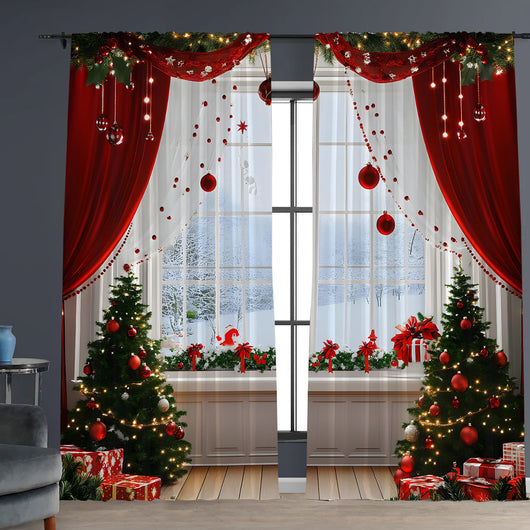 Pair of Christmas curtains with a 3D digital print of a snowy winter window scene, frosted trees, and snowflakes. - Image 14