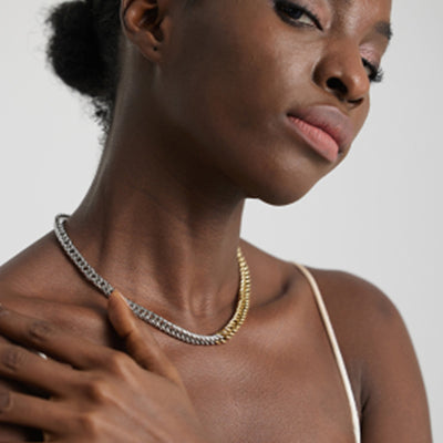 Collar y Pulsera Cadena Cubana Dos Tonos con Costura