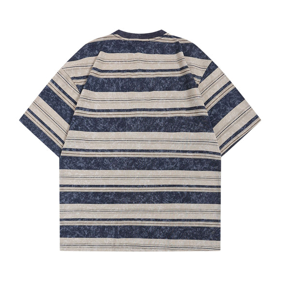 Camiseta Retro Rayas Japonesa con Estampado de Letras - Unisex