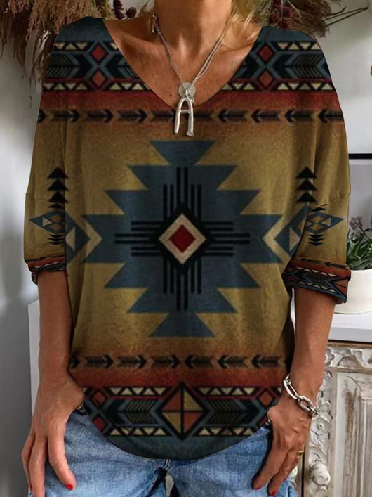 Blusa Suelta con Estampado Geométrico y Cuello en V - Image 2