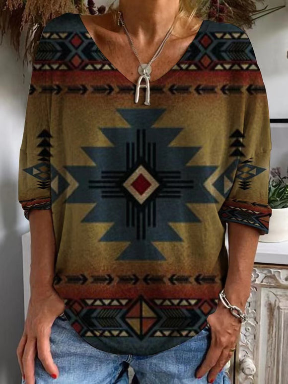 Blusa Suelta con Estampado Geométrico y Cuello en V