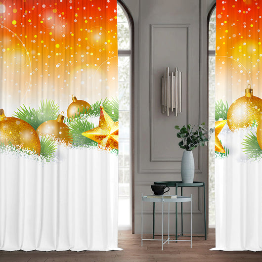 Pair of Christmas curtains with a 3D digital print of a snowy winter window scene, frosted trees, and snowflakes. - Image 43