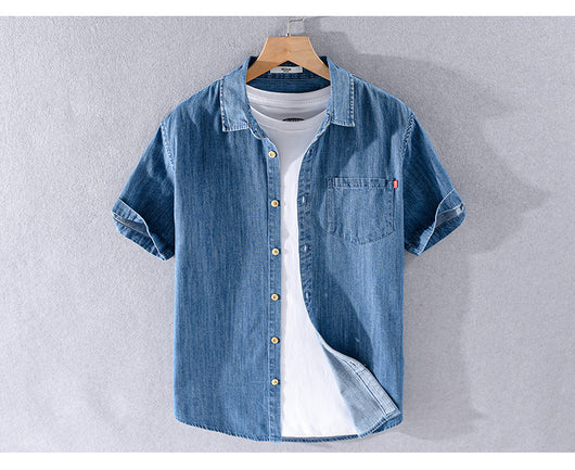 Camisa Denim Manga Corta de Algodón para Hombre - Clásica y Versátil - Image 9