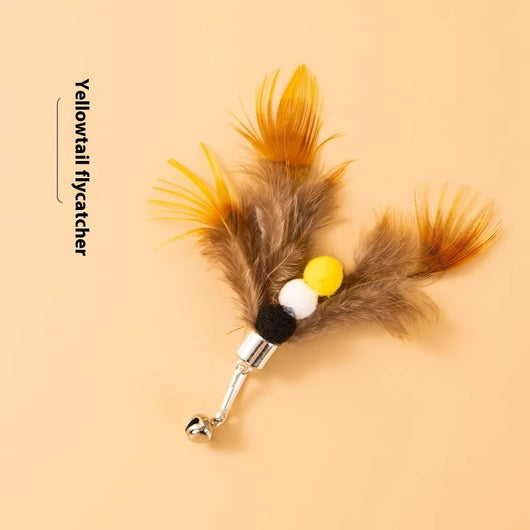 Three distinct feather cat toy replacement heads: a light 'Beetle', a brown and yellow 'Yellowtail flycatcher' with pom-poms, and a multi-colored 'Dead leaf but - Image 6