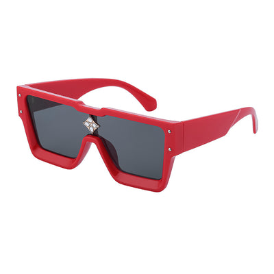 Black large frame square sunglasses with dark lenses and a gold star-shaped embellishment on the bridge. - Image 9