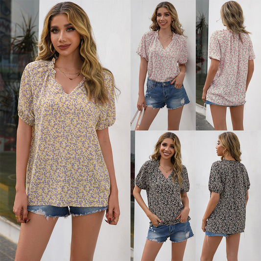 Camisa Suelta Casual con Estampado Floral Pequeño y Cuello en V