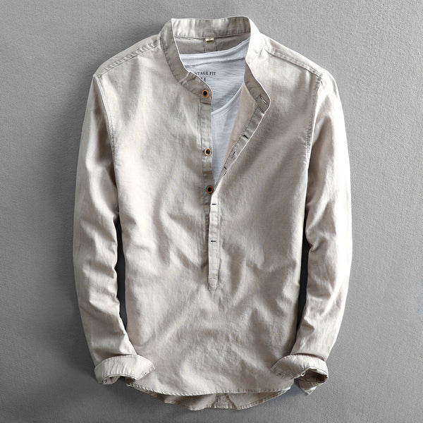 Camisa de Lino Suelta para Hombre - Manga Larga Casual Color Sólido - Image 4