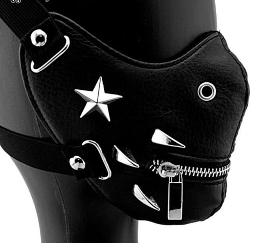 Black leather half-face mask with brass chains, spikes, and gear accents, featuring adjustable elastic straps. - Image 41