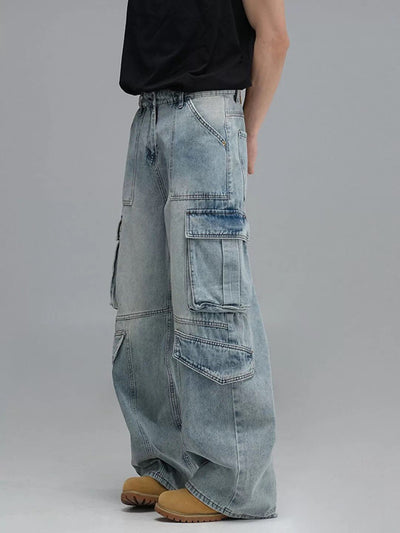 Pantalones Vaqueros de Trabajo Multibolsillos Lavados - Corte Ancho Casual para Hombre - Image 9