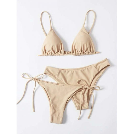 Lavender three-piece bikini set with a triangle top, tie-side bottom, and high-cut bottom, displayed with a straw hat and purple sunglasses. - Image 31