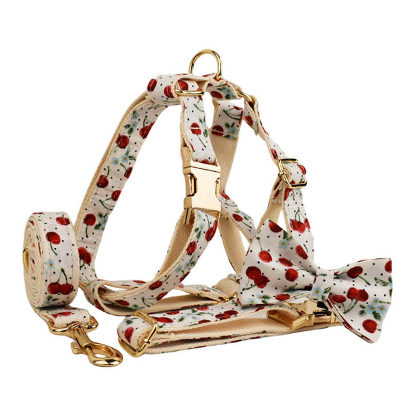 Collar para Mascotas con Estampado de Cerezas, Correa de Tracción y Hebilla Dorada Desprendible
