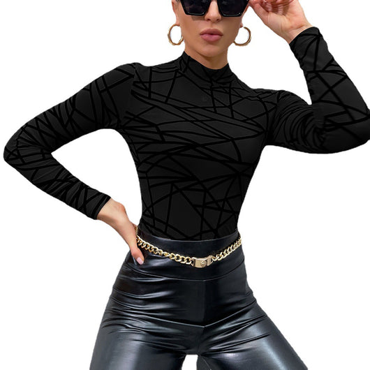Blusa Slim Elegante de Cuello Alto con Malla y Efecto Flocking - Image 19