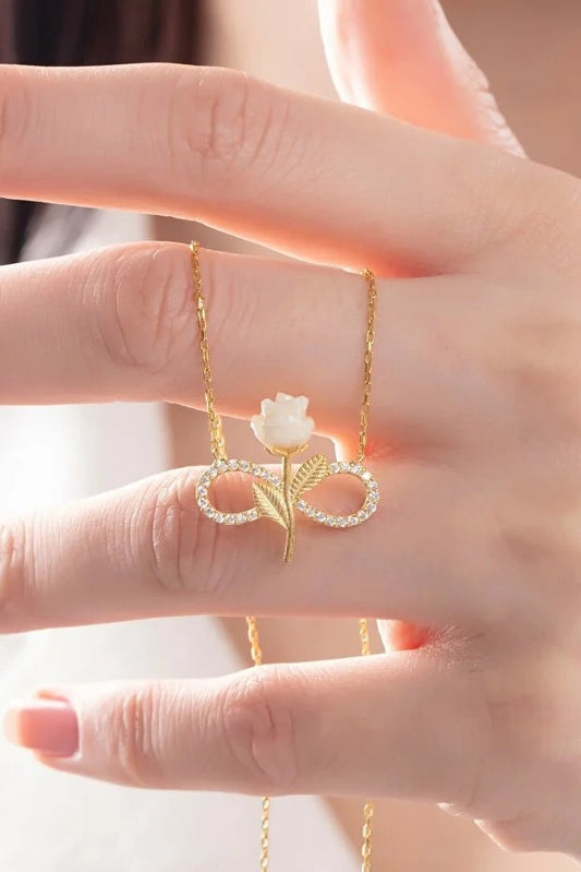 Collar Infinito Rosa Blanca Plata 925 Chapada en Oro con Circonita
