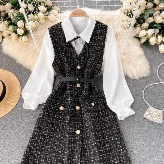 Vestido Houndstooth con Tirantes y Mangas Puff - Image 23