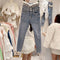 Jeans Talle Alto Abotonado con Detalles de Cuentas y Costuras en Lana