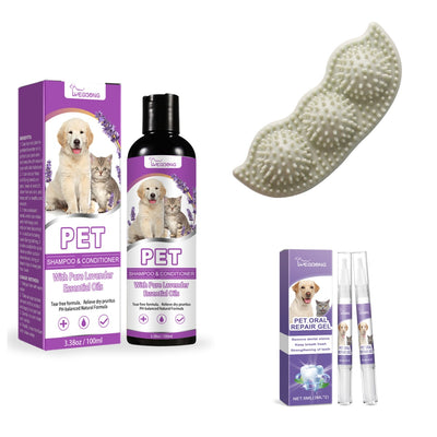 Pet shampoo and conditioner with lavender, pet oral repair gel, and a pink textured dog chew toy. - Image 3