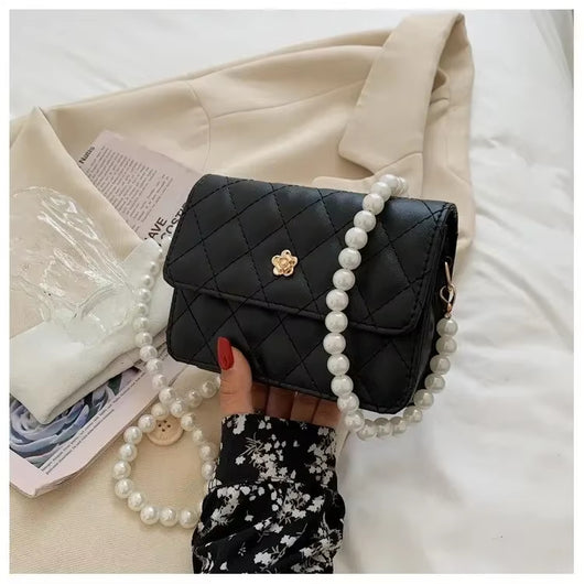 Bolso Bandolera Mujer con Cadena de Perlas y Cuadrícula de Diamantes - Image 5