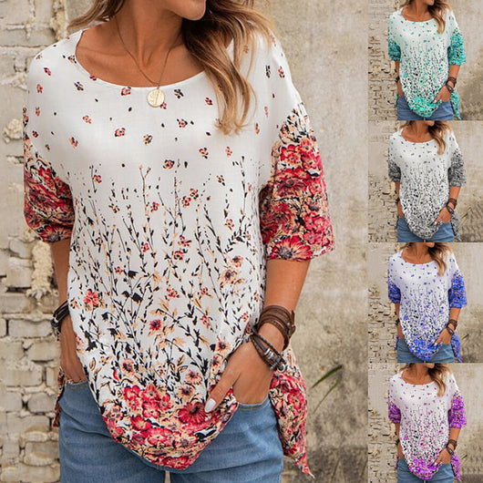 Blusa Casual Floral Suelta Cuello Redondo Manga Corta para Mujer - Image 9