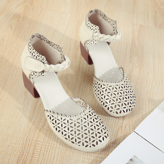 Zapatos Étnicos de Cuero para Mujer con Tacón Grueso y Punta Hueca - Image 6